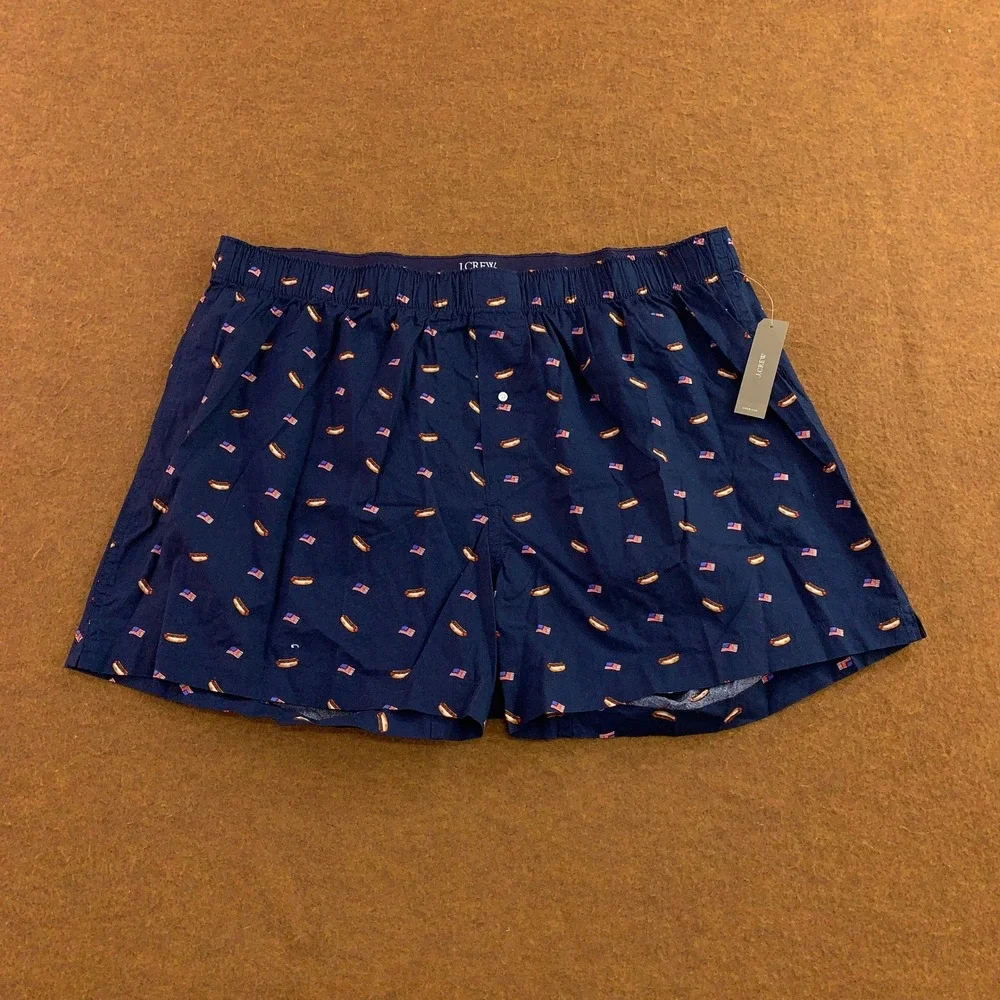 J.Crew Mens XL Navy Hot Dog American Flag Cotton Woven Boxer Shorts NWT